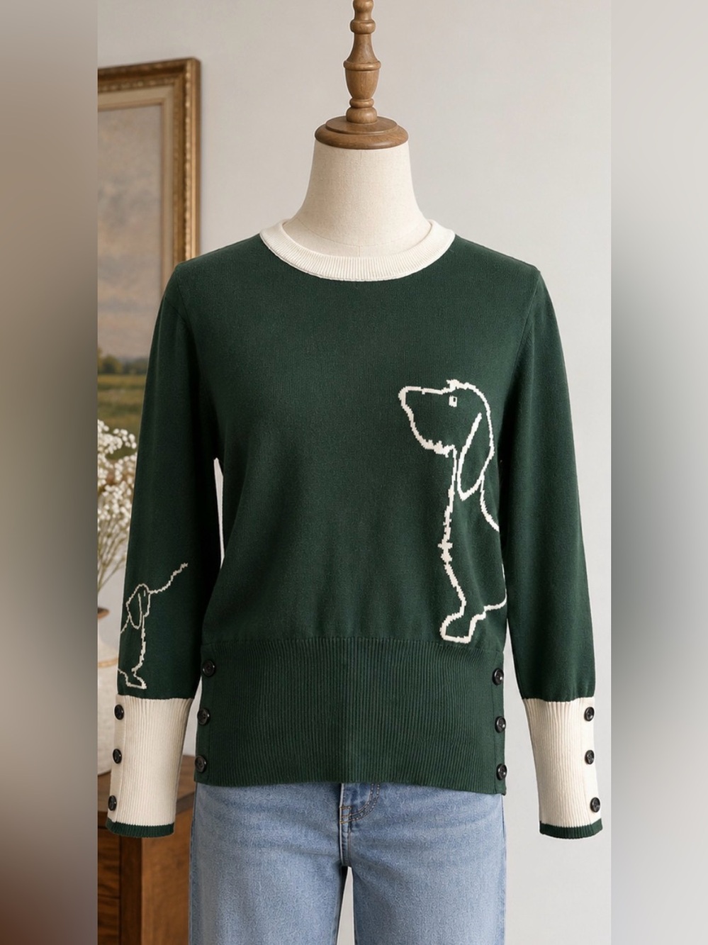 Minimalist Dog Graphic Knit Sweater Green & Cream Button Sleeve Small